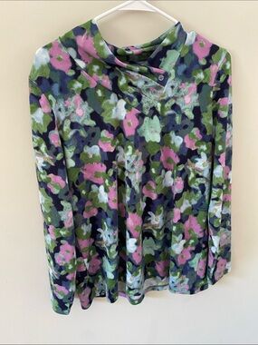 Cowl Neck Long-Sleeve Floral Tee - Pink & Green